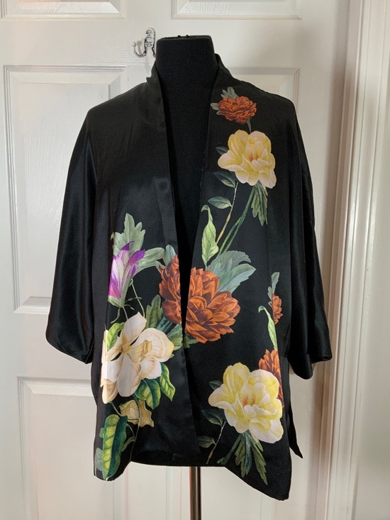 Chico's Tops - Chico’s Black Floral Silken Evening Boho Chic Kimono Jacket Size S/M